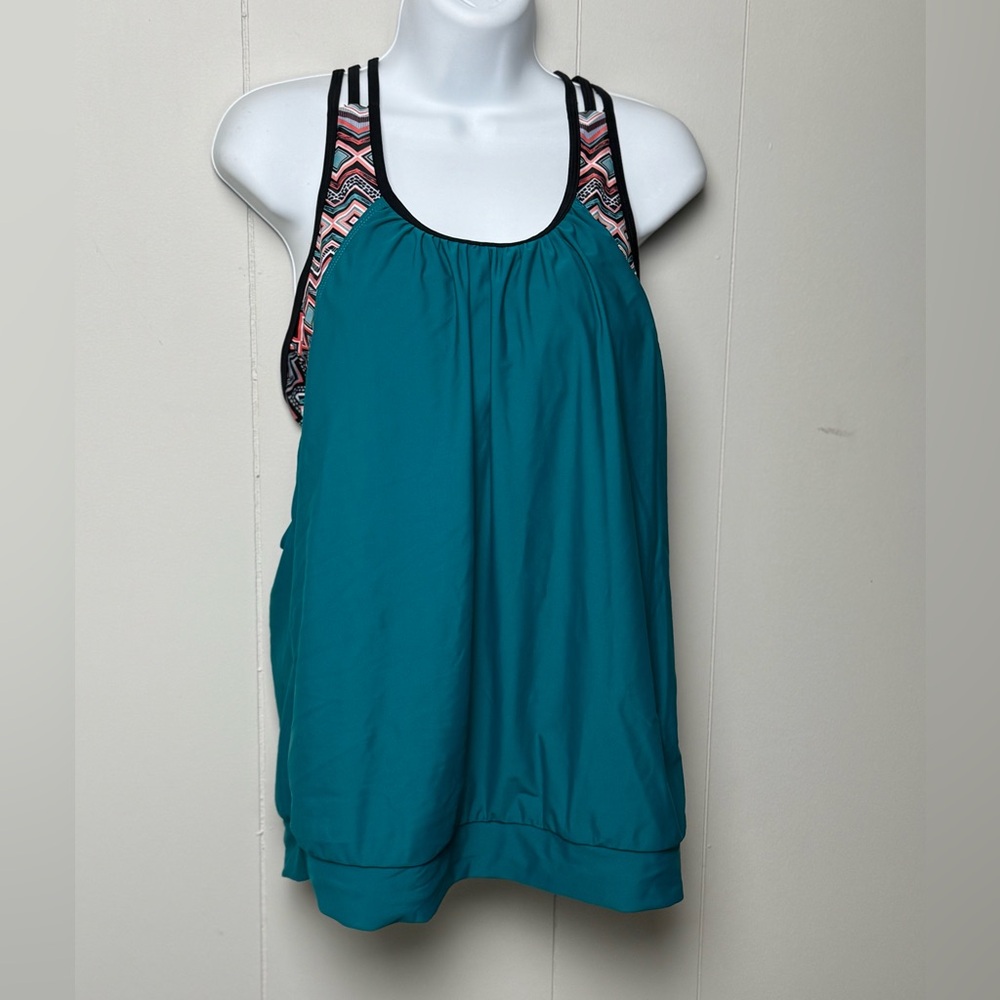 Teal Women's Tankini Top Blouson Style with Patterned Straps Razer Back Size L